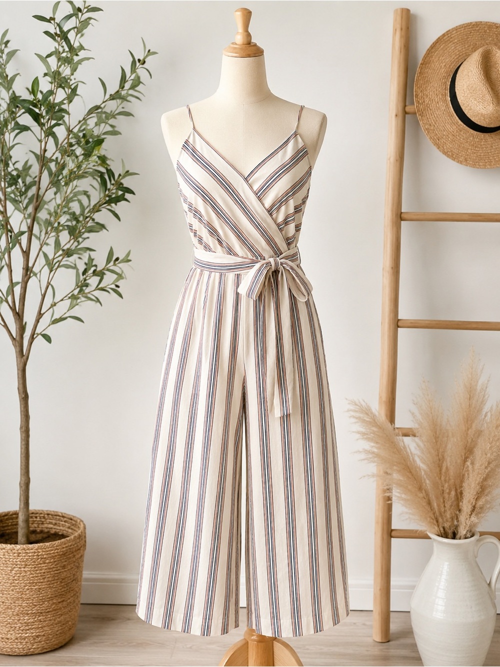 Banana Republic Petite Linen Blend White Pink Blue Striped Wide Leg Jumpsuit 6P